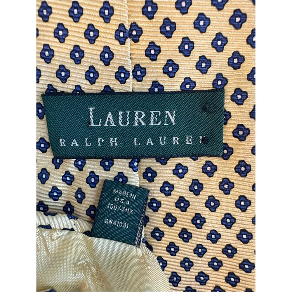 Lauren Ralph Lauren Mens Silk‎ Tie Gold Navy Blue Geometric Medallion USA Made